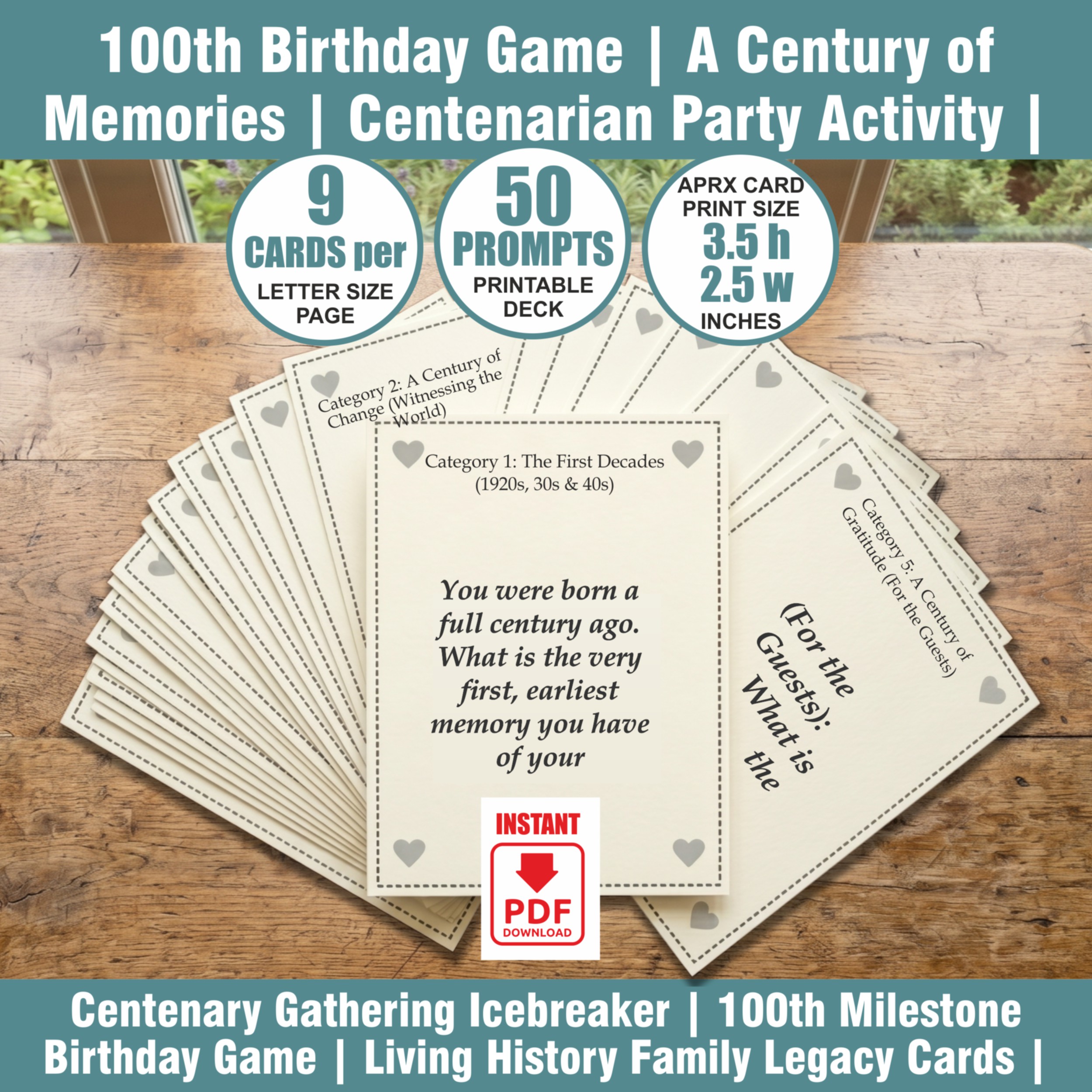 100th Birthday Game | A Century of Memories | Centenarian Party Activity | Conversation Cards PDF